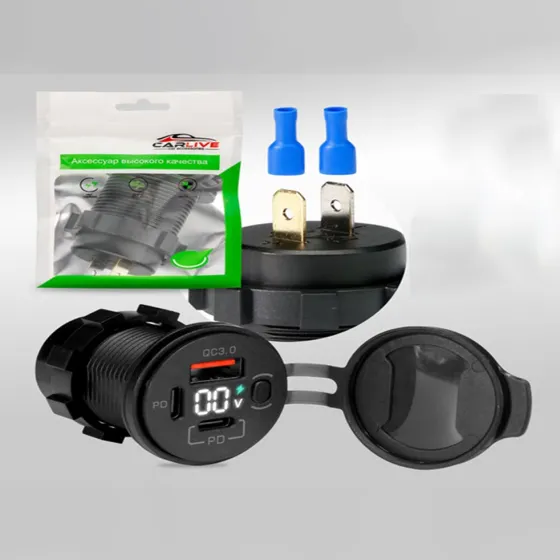 Заглушка врезная круглая QC3.0 + 2 PD30W + (вкл/выкл) + Вольтметр 12-24V