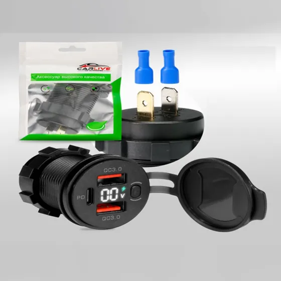 Заглушка врезная круглая PD30W + 2 QC3.0 + (вкл/выкл) + Вольтметр 12-24V