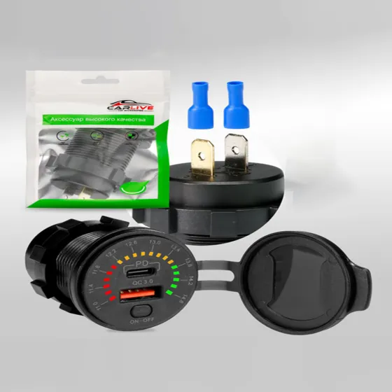 Заглушка врезная круглая 2USB QC3.0 + PD30W + (вкл/выкл) 12-24V