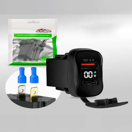 Заглушка врезная квадратная QC3.0 + PD30W + Вольтметр 12-24V