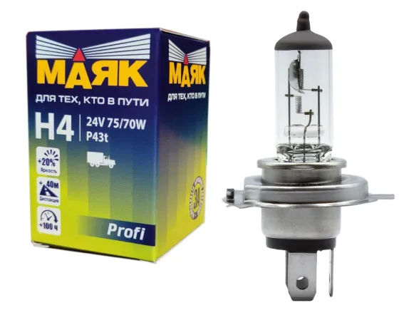 Лампа МАЯК H4 24V 75/70W P43T /10/100/400